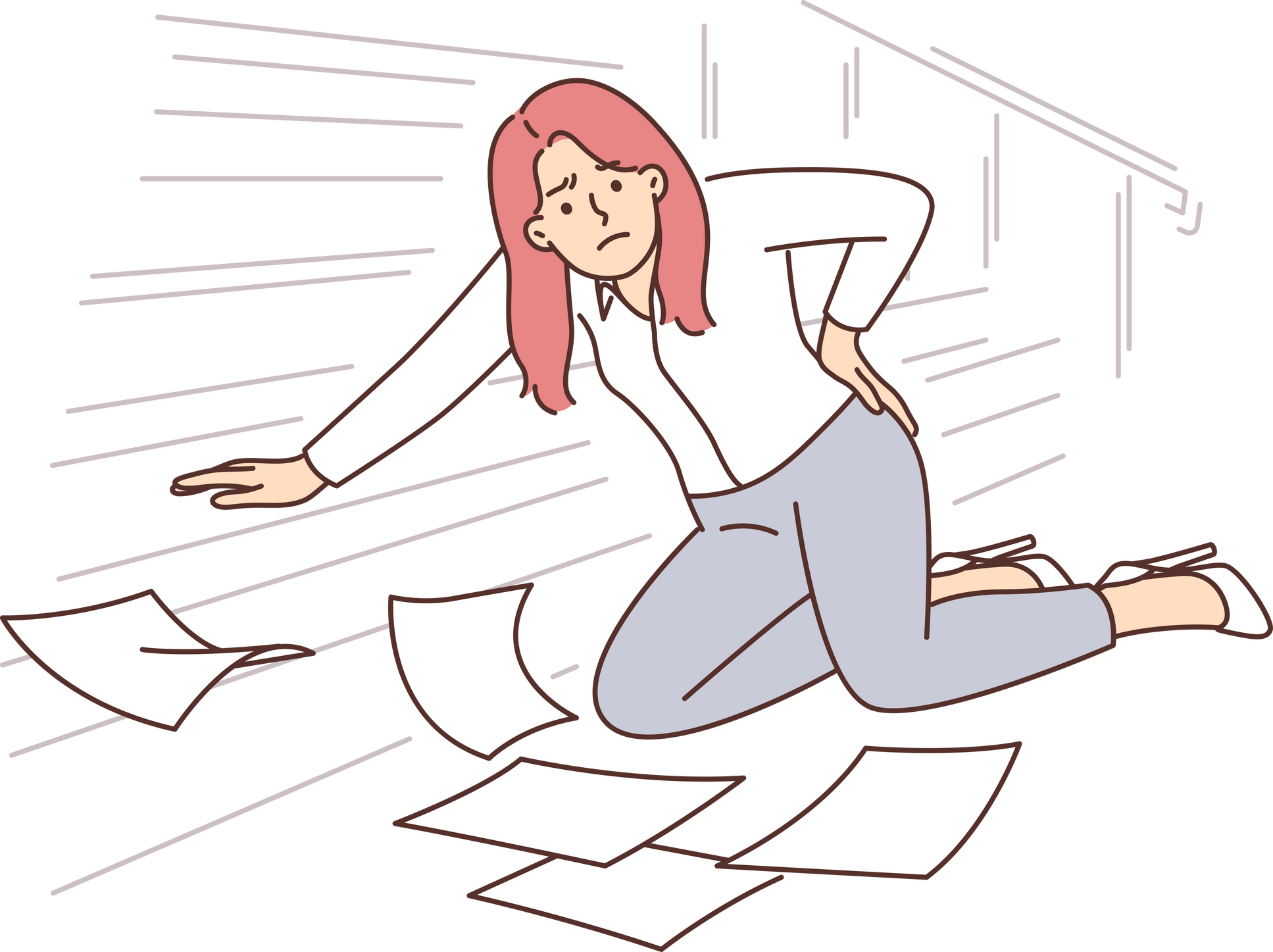 Woman office worker fell down stairs and injured back dropping papers and documents on floor.